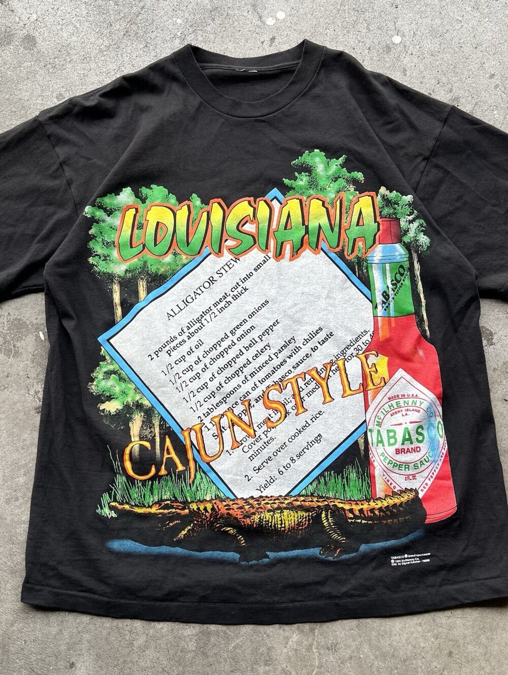 Vintage 90s Tabasco Red Hot Sauce Promo AOP Cajun Style Alligator Shirt L Black